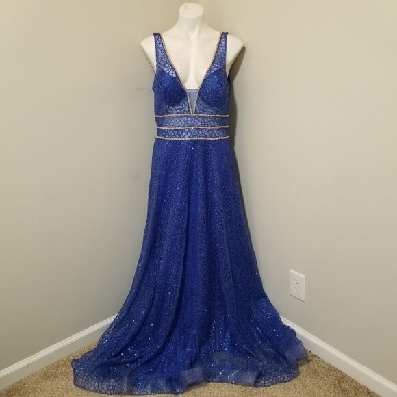 Sz XL Anny Lee Blue Glitter Plunge Illusion Gown with Gold and AB Crystal Trim - Picture 3 of 12
